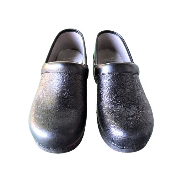 Dansko Womens LT Black Floral Tooled Clog Size 41 EU (10.5-11 US) Work Nurse EUC - Picture 1 of 8